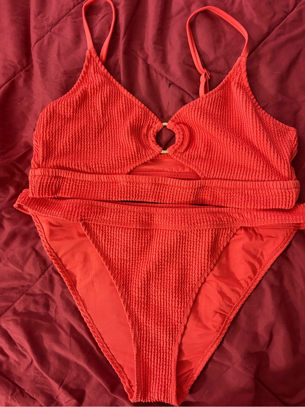 aerie Red Textured One-Piece Swimsuit with Front Ring